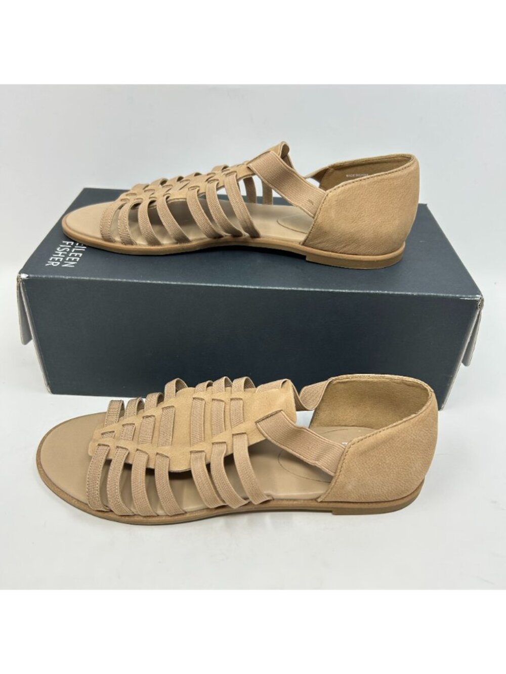 Eileen Fisher Women’s Strappy Sandals Beige Elastic Comfort Flat Size 7.5